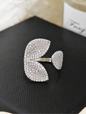 Anthropologie Silver Pave Leaf-Accent Adjustable Ring